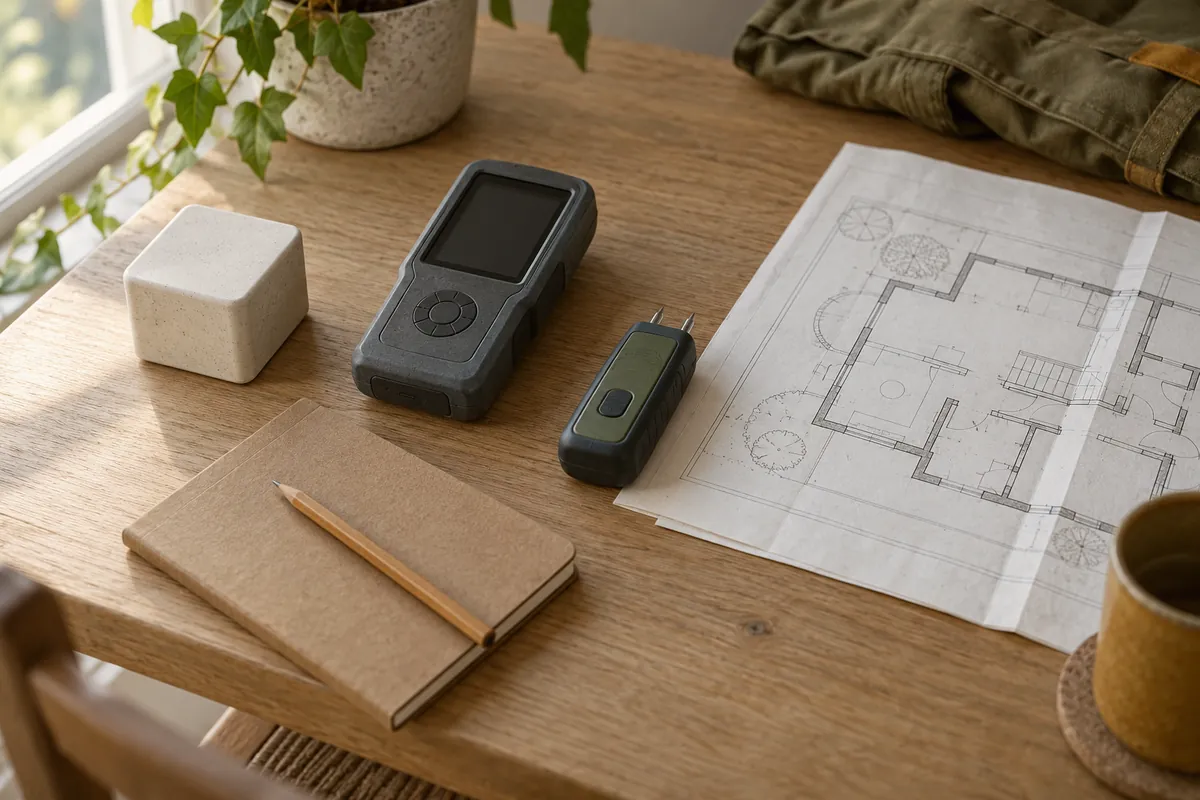 Appareils de mesure portables, carnet kraft et plan de maison posés sur une table en chêne (image générée par IA)