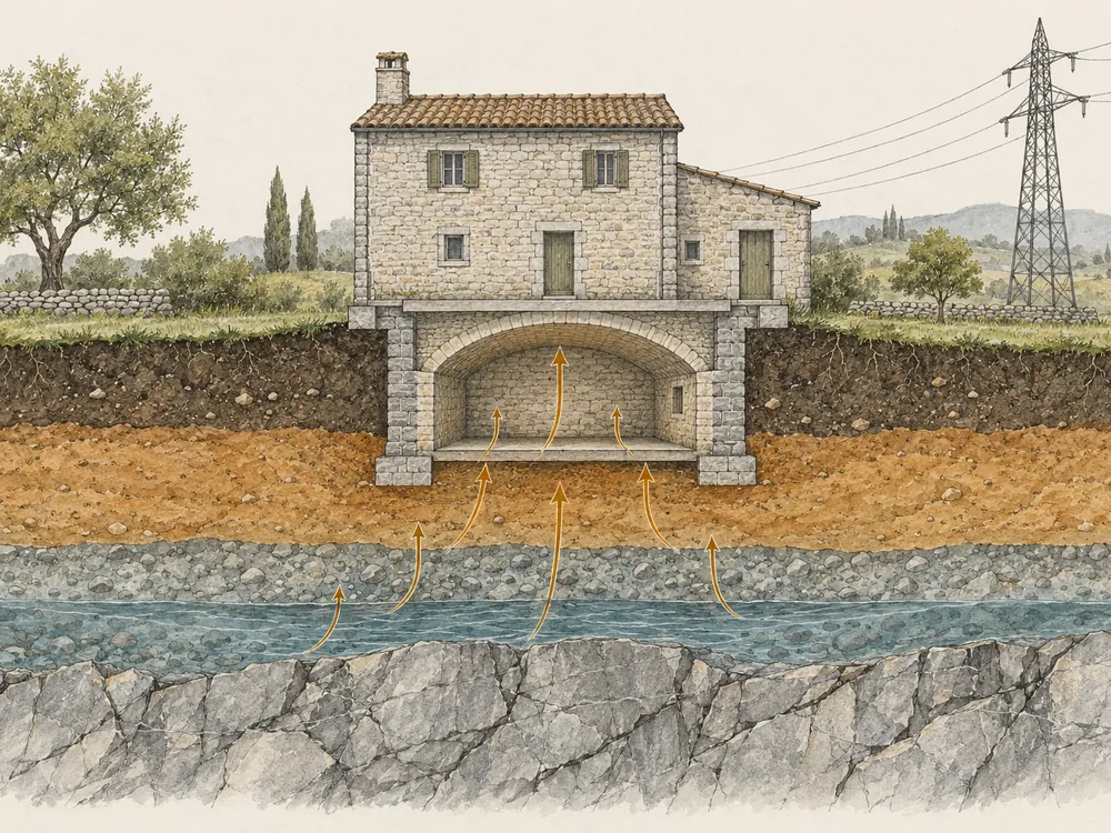 Coupe d’une maison de pierre sur sa cave voûtée, avec les couches de sol, une nappe d’eau et un pylône au loin (illustration générée par IA)